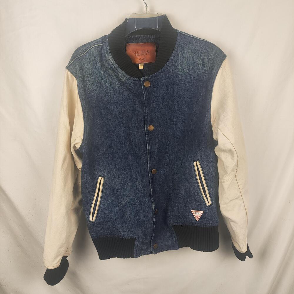 Guess Originals A$AP Jacket Mens Small Blue Denim Varsity Snap Front Cream